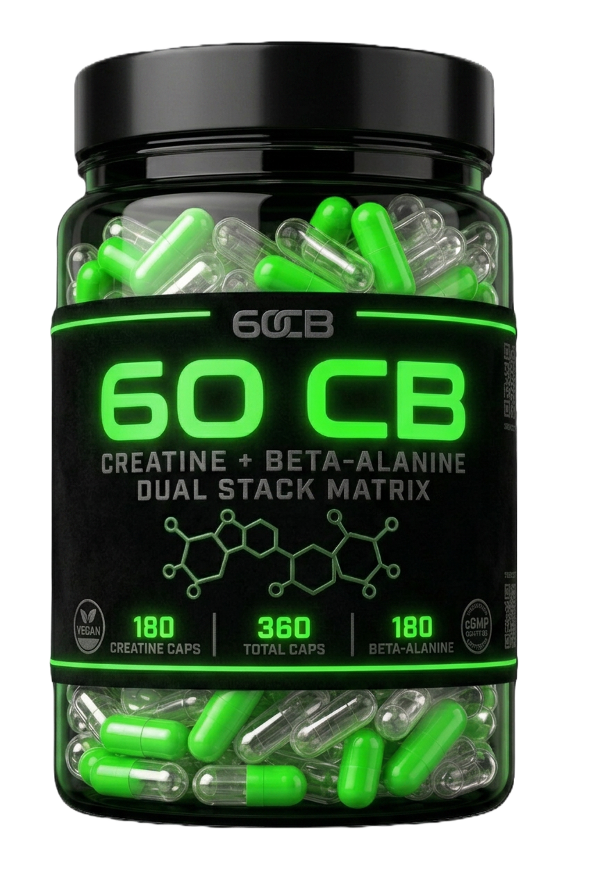 Pot 60 CB avec gélules claires de créatine et gélules vertes néon de bêta-alanine